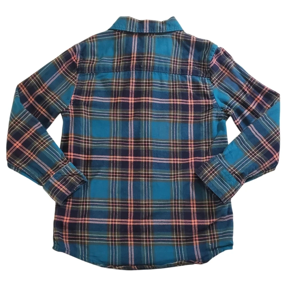 K1413 * Gymboree Boys Epic Dig Teal Plaid Flannel Button Down Shirt Size Small